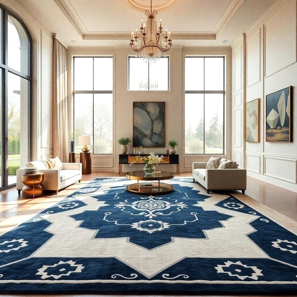 Handcrafted Blue Traditional Pattern Living Room Rug
